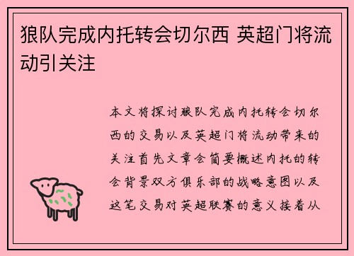 狼队完成内托转会切尔西 英超门将流动引关注