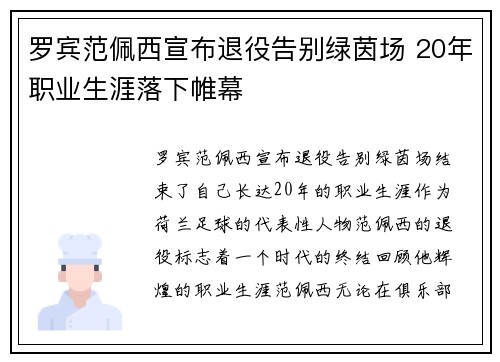 罗宾范佩西宣布退役告别绿茵场 20年职业生涯落下帷幕