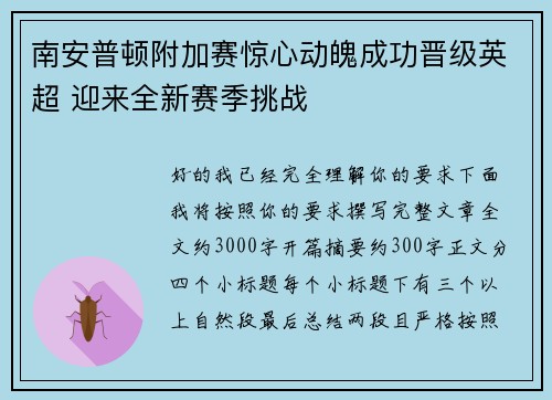 南安普顿附加赛惊心动魄成功晋级英超 迎来全新赛季挑战